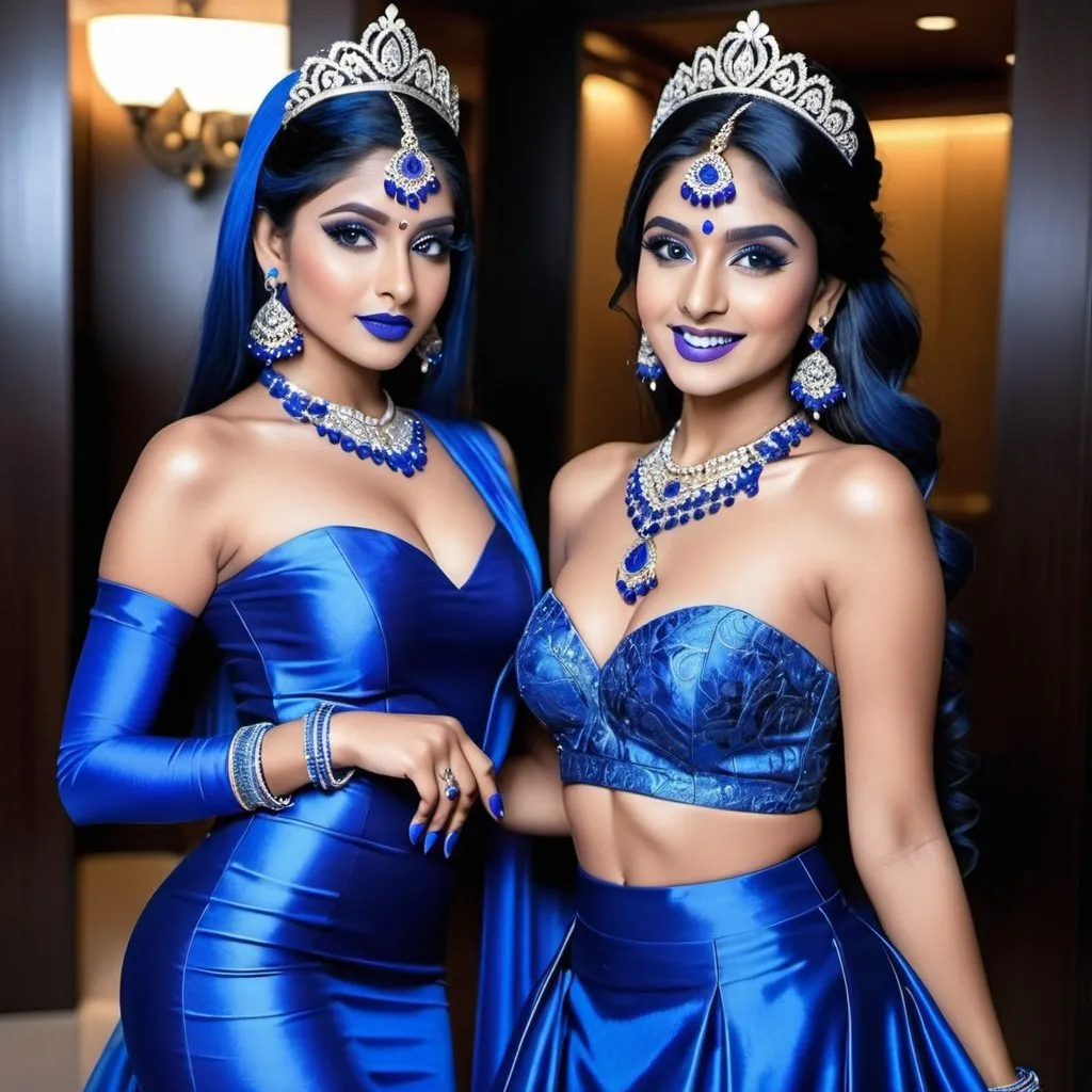 Prompt:  2 Indian women, blue makeup, blue lipstick, blue eyes, blue hair, blue eyebrows, blue blush, blue silk pattern dress, blue tiaras, blue earrings, long dark blue skirt, blue finger nails. Photograph, realistic, any facial expression, full body