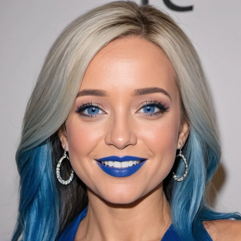 Prompt: Kayleigh McEnany with blue mullet, blue eyes, flowing blue hair, smiling lips with blue lipstick, blue dress, blue makeup, blue eyeshadow.



