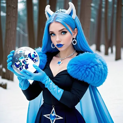 Prompt: kim possible, Heavy snow, Giant Blue Orb in Sky, Long Straight Blue hair, Ice crystal tiara, Thick bushy blue eyebrows, medium sized nose, plump diamond shape face,  Blue lipstick, ethereal blue eyes, Triangle Star earrings, soft ears, Large blue plastic chain around neck, Blue heart necklaces, blue candy shaped rings, Large blue fur coat with blue plastic gloves. Long Blue Skirt with moons.