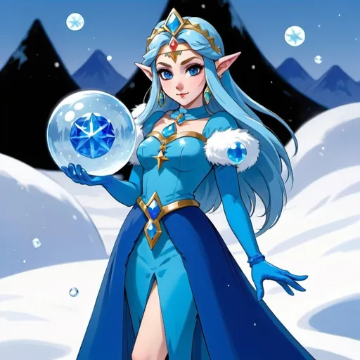 Prompt: Princess zelda, Heavy snow, Giant Blue Orb in Sky, Long Straight Blue hair, Ice crystal tiara, Thick bushy blue eyebrows, medium sized nose, plump diamond shape face,  Blue lipstick, ethereal blue eyes, Triangle Star earrings, soft ears, Large blue plastic chain around neck, Blue heart necklaces, blue candy shaped rings, Large blue fur coat with blue plastic gloves. Long Blue Skirt with moons.