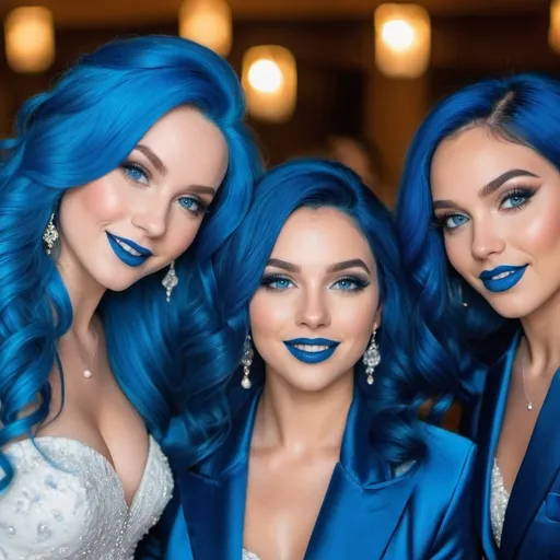 Prompt:  3 ladies with blue  eyes, flowing blue hair, smiling lips with blue lipstick, blue jacket, blue makeup, blue eyeshadow. At wedding