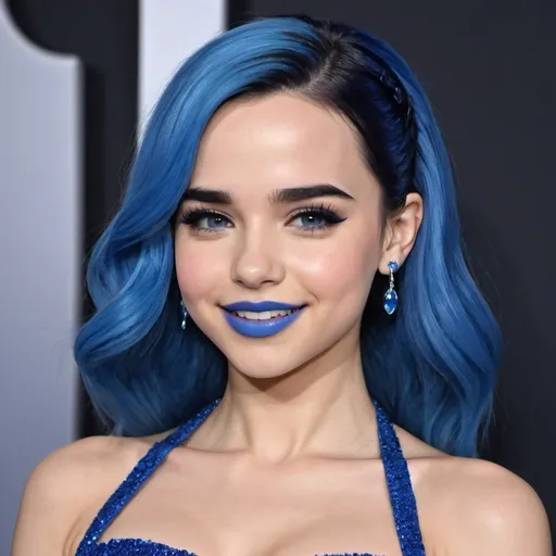 Prompt: Sofia Carson with blue mullet, blue eyes, flowing blue hair, smiling lips with blue lipstick, blue dress, blue makeup, blue eyeshadow.



