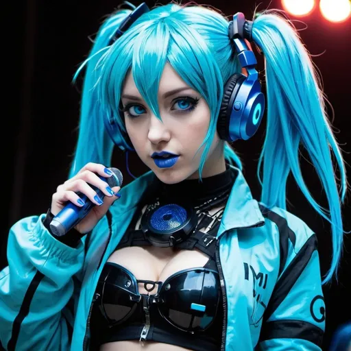 Prompt: Cyber goth hatsune miku, electronic dance, full body view, blue lipstick, blue eyes, blue eyeshadow, blue crop top, blue jacket, blue nails, blue hair, blue headphones, blue microphone, blue speakers, blue lights shining, political rally