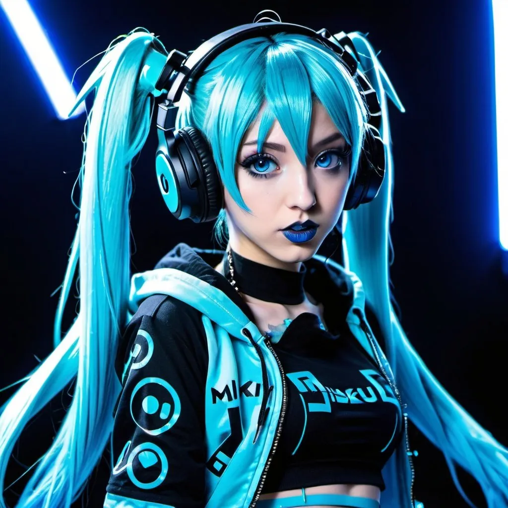 Prompt: Cyber goth hatsune miku, electronic dance, full body view, blue lipstick, blue eyes, blue eyeshadow, blue crop top, blue jacket, blue nails, blue hair, blue headphones, blue microphone, blue speakers, blue lights shining, media studio with cameras pointed at her, full lips, Checkmark on her crop top