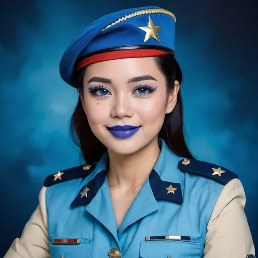 Prompt: 2010s, Vietnamese female officer wearing a blue beret, blue lipstick, blue makeup including blue eyeshadow and blue blush, blue hair, blue eyebrows, blue eyes, colourised, blue uniform beret, full body shot, photography, blue hearts and stars soft smile.
