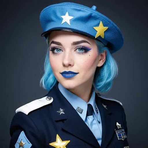 Prompt: 2010s, blue canary as a female officer wearing a blue beret, blue lipstick, blue makeup including blue eyeshadow and blue blush, blue hair, blue eyebrows, blue eyes, colourised, blue uniform beret, full body shot, photography, blue hearts and stars soft smile.