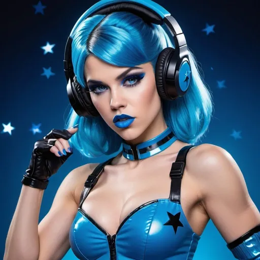 Prompt: 2020s, Sonya blade as a female popstar wearing a blue headphones, aqua blue lipstick, glossy and sparkling lips, blue makeup including blue eyeshadow and blue blush, dark blue hair, blue eyebrows, blue eyes, colourised, blue plastic gown, full body shot, photography, blue hearts and stars, euphoric.