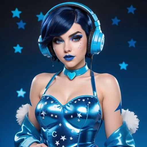 Prompt: 2020s, Mei Overwatch as a female popstar wearing a blue headphones, aqua blue lipstick, glossy and sparkling lips, blue makeup including blue eyeshadow and blue blush, dark blue hair, blue eyebrows, blue eyes, colourised, blue plastic gown, full body shot, photography, blue hearts and stars, euphoric.