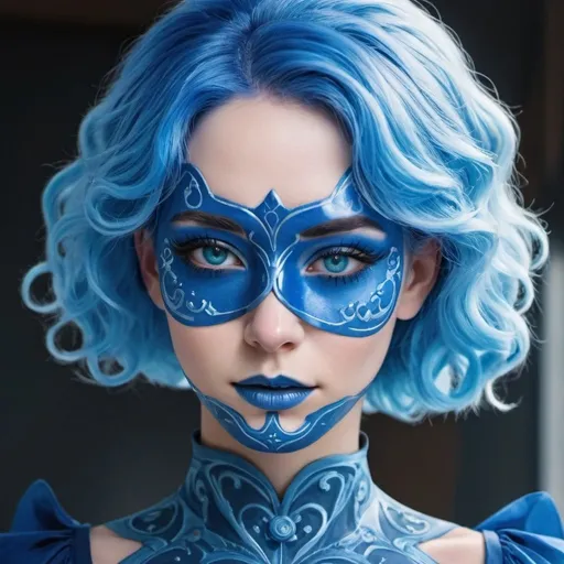 Prompt: a woman with blue hair and blue makeup is wearing a blue mask and blue hair and blue eyes and a blue dress, An Gyeon, computer art, blue, a character portrait