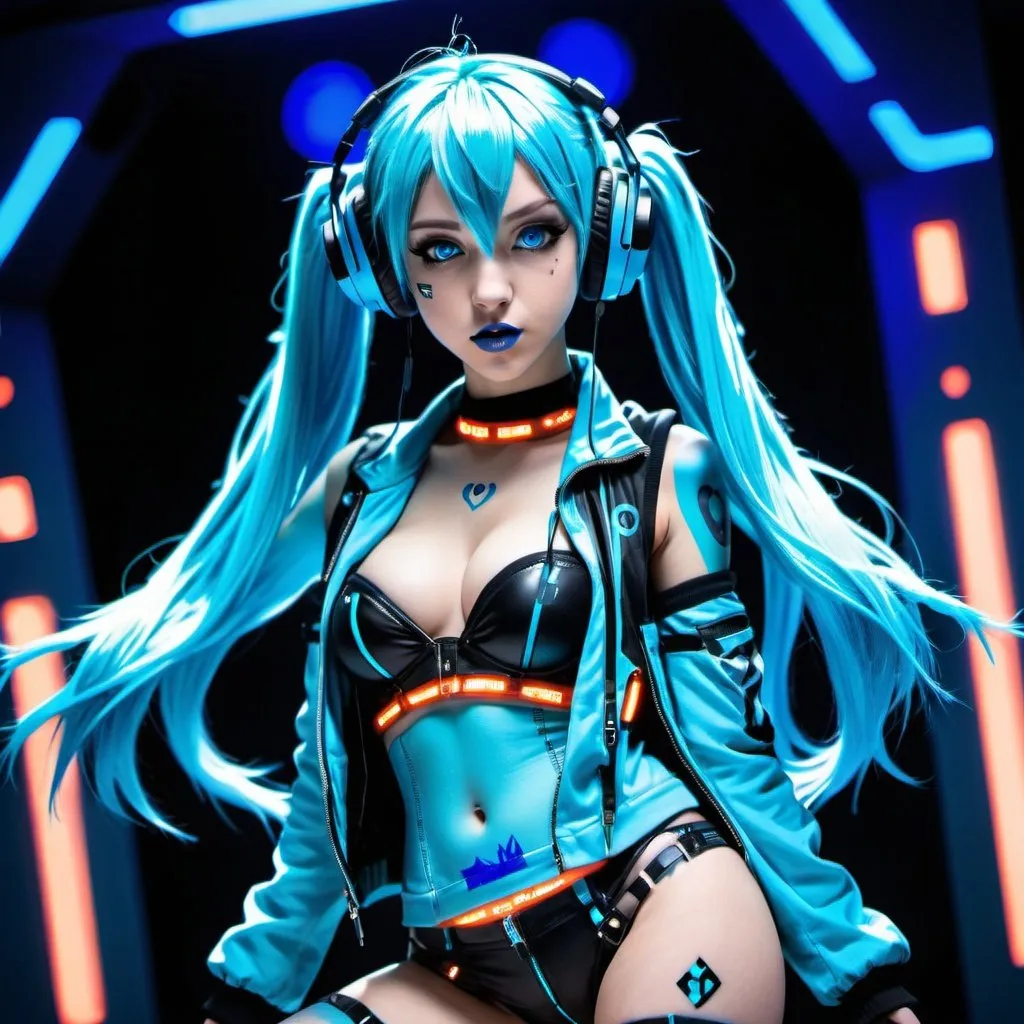 Prompt: Cyber goth hatsune miku, electronic dance, full body view, blue lipstick, blue eyes, blue eyeshadow, blue crop top, blue jacket, blue nails, blue hair, blue headphones, blue microphone, blue speakers, blue lights shining, media studio with cameras pointed at her, full lips, Checkmark on her crop top