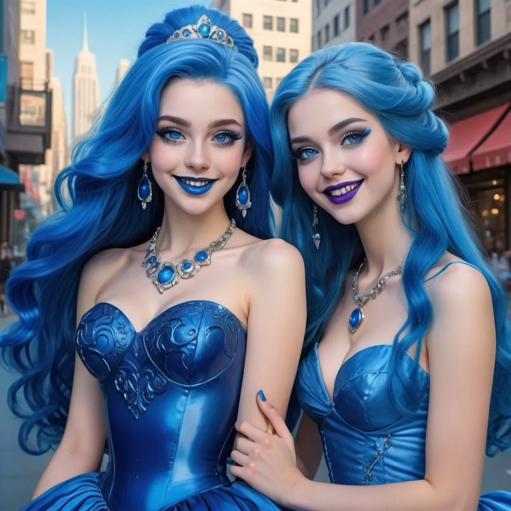 Prompt: a picture of 2 women with long blue hair, posing together large blue eyes wearing blue ball gowns, blue eyeshadow, and blue lipstick smiling at the camera, blue makeup, jewerly on hands, Artgerm, fantasy art, realistic shaded perfect blue face, a detailed painting, propaganda city background, 18 years old, blue lipstick 