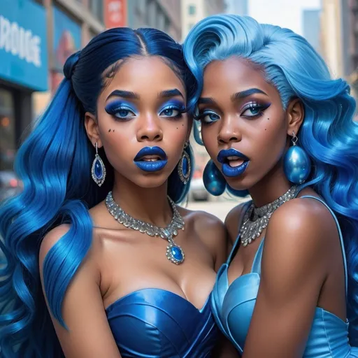 Prompt: a picture of 2 black women with long blue hair, posing together large blue eyes wearing blue ball gowns, blue eyeshadow, and blue lipstick coughing at the camera, blue makeup, jewerly on hands, Artgerm, fantasy art, realistic shaded perfect blue face, a detailed painting, propaganda city background, 18 years old, blue lipstick 
