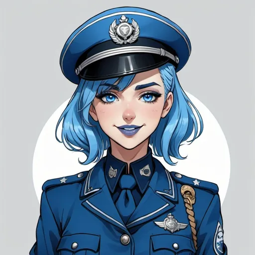 Prompt: Anime Dieselpunk female officer wearing a blue beret, blue lipstick, blue makeup including blue eyeshadow and blue blush, blue hair, blue eyebrows, blue eyes, colourised, blue uniform beret, full body shot, anime lineart style, blue hearts and starssoft smile.