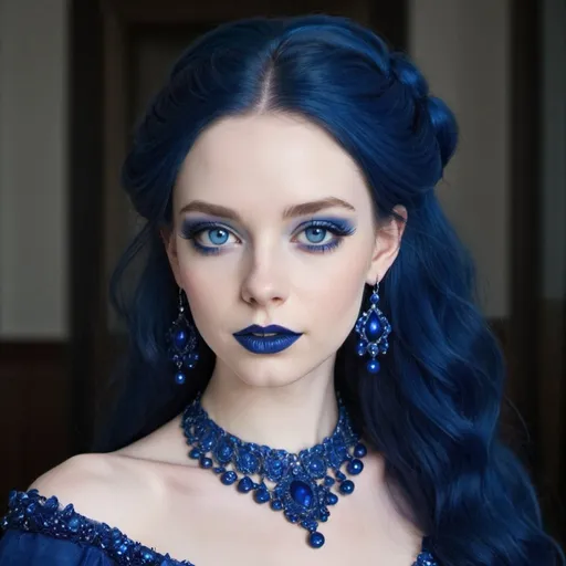 Prompt: Light pale skin, Vibrant dark-blue eyes, very Long blue hair, blue lipstick, blue eyeshadow, blue makeup, blue earrings, dark blue ball gown
