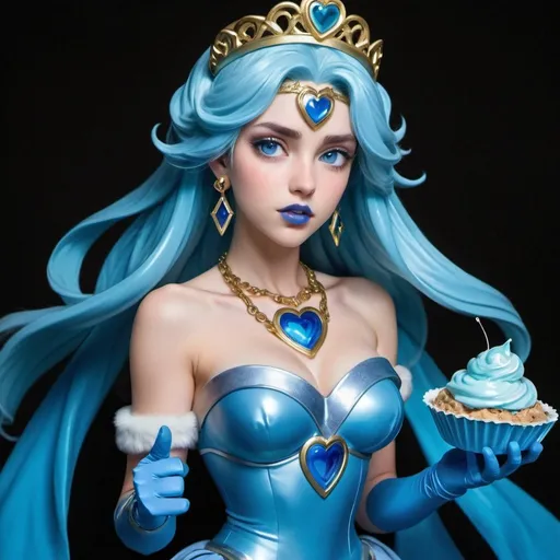 Prompt: Palutena with ultradetailed large shiny blue lips, Blinding Heart Earrings, Blue Xtra Large Metal Ball Gown, blue plastic Gloves with blue Fur, Glowing Blue eyes, Artisans Cut Gleaming blueberry Ice Cream Tiara. Pristine blue hair, confident facial expression, Full eyebrows with blue tint, blue Candy necklace, Wintry Aura, blue Armor Plated Shoulders, Cake Covered blue wand, Sharp Nails, Auroras in eye of hurricane. Blue Moon. High resolution, Realistic, Cold color scheme, high radiance.