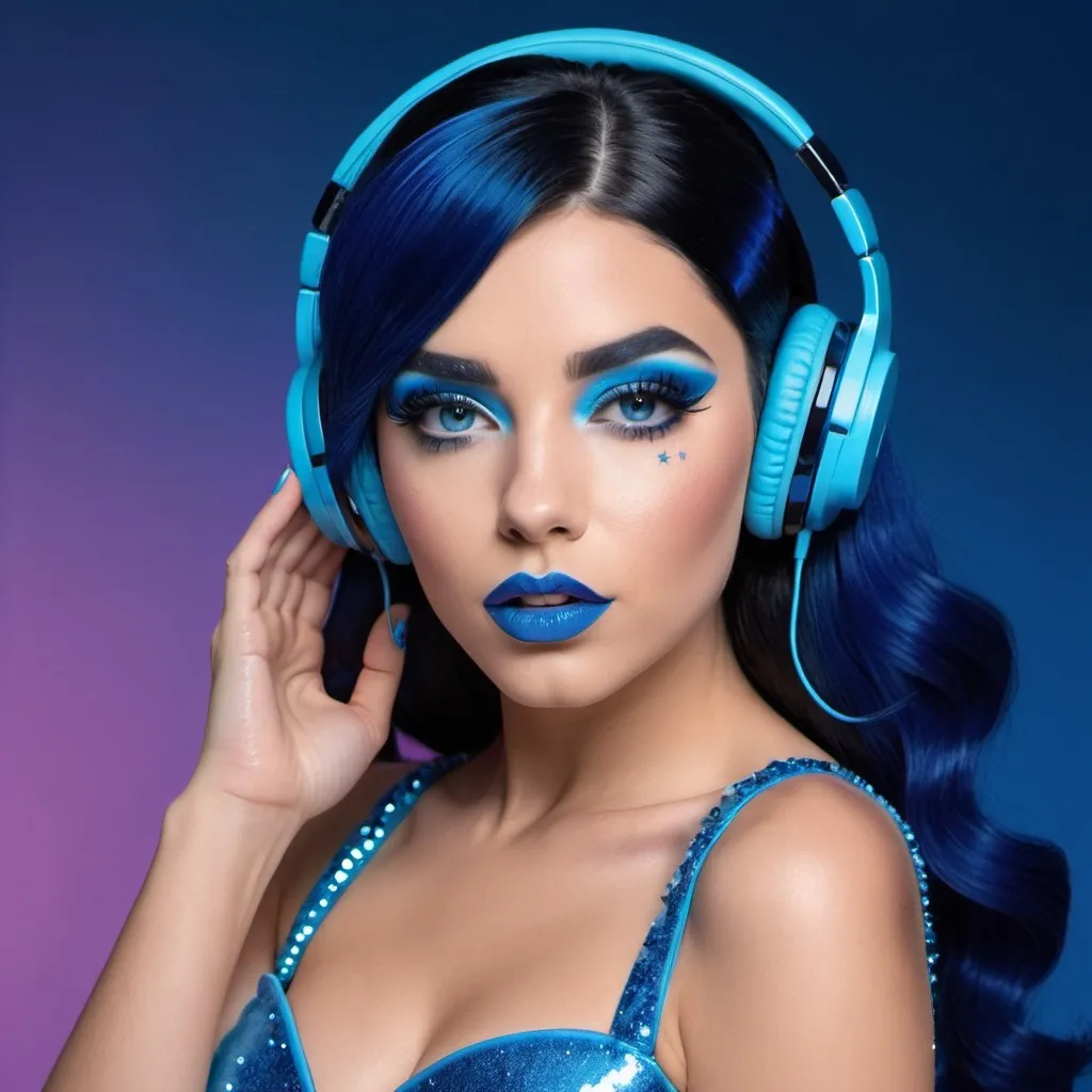 Prompt: 2020s, Saataa Andagii as a female popstar wearing a blue headphones, aqua blue lipstick, glossy and sparkling lips, blue makeup including blue eyeshadow and blue blush, dark blue hair, blue eyebrows, blue eyes, colourised, blue plastic gown, full body shot, photography, blue hearts and stars, euphoric.