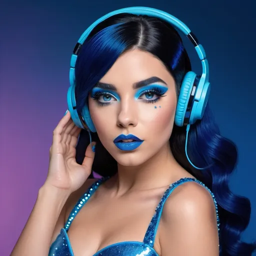 Prompt: 2020s, Saataa Andagii as a female popstar wearing a blue headphones, aqua blue lipstick, glossy and sparkling lips, blue makeup including blue eyeshadow and blue blush, dark blue hair, blue eyebrows, blue eyes, colourised, blue plastic gown, full body shot, photography, blue hearts and stars, euphoric.