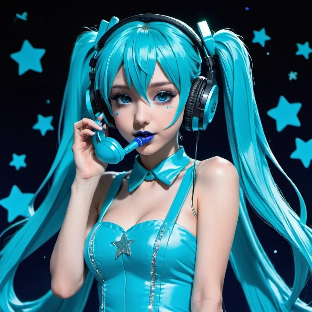 Prompt: 2020s, hatsune miku as a female popstar wearing a blue headphones, holding blue microphone, aqua blue lipstick, glossy and sparkling lips, blue makeup including blue eyeshadow and blue blush, dark blue hair, blue eyebrows, blue eyes, colourised, blue plastic gown, full body shot, anime, drawing, blue hearts and stars, euphoric.