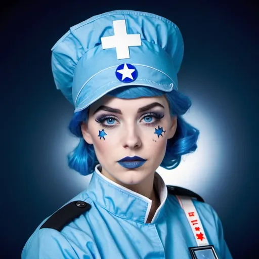 Prompt: 2010s, German female medic wearing a blue nurse hat, blue lipstick, blue makeup including blue eyeshadow and blue blush, blue hair, blue eyebrows, blue eyes, colourised, blue quarantine suit, full body shot, photography, blue hearts and stars, serious face.