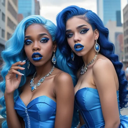 Prompt: a picture of 2 black women with long blue hair, posing together large blue eyes wearing blue ball gowns, blue eyeshadow, and blue lipstick coughing at the camera, blue makeup, jewerly on hands, Artgerm, fantasy art, realistic shaded perfect blue face, a detailed painting, propaganda city background, 18 years old, blue lipstick 