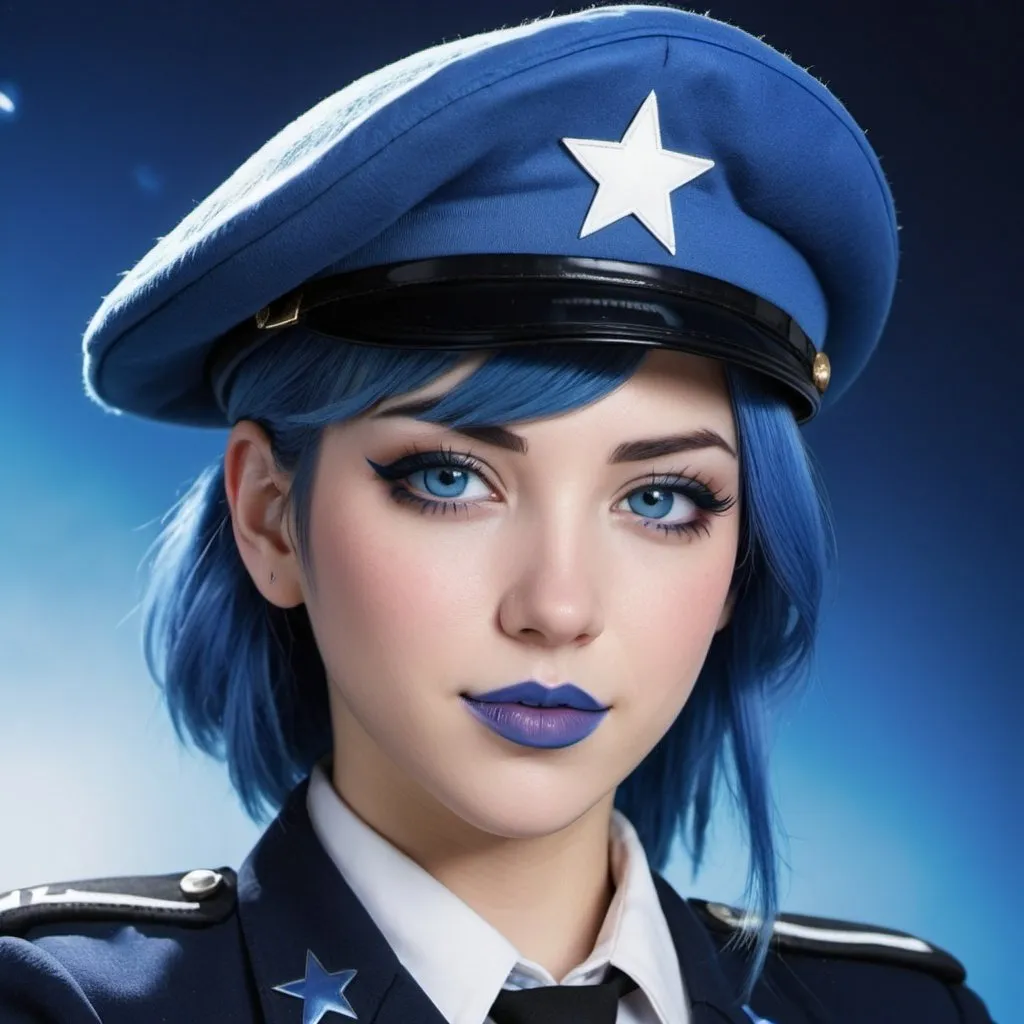 Prompt: 2010s, Tifa Lockhart as a female officer wearing a blue beret, blue lipstick, blue makeup including blue eyeshadow and blue blush, blue hair, blue eyebrows, blue eyes, colourised, blue uniform beret, full body shot, photography, blue hearts and stars soft smile.