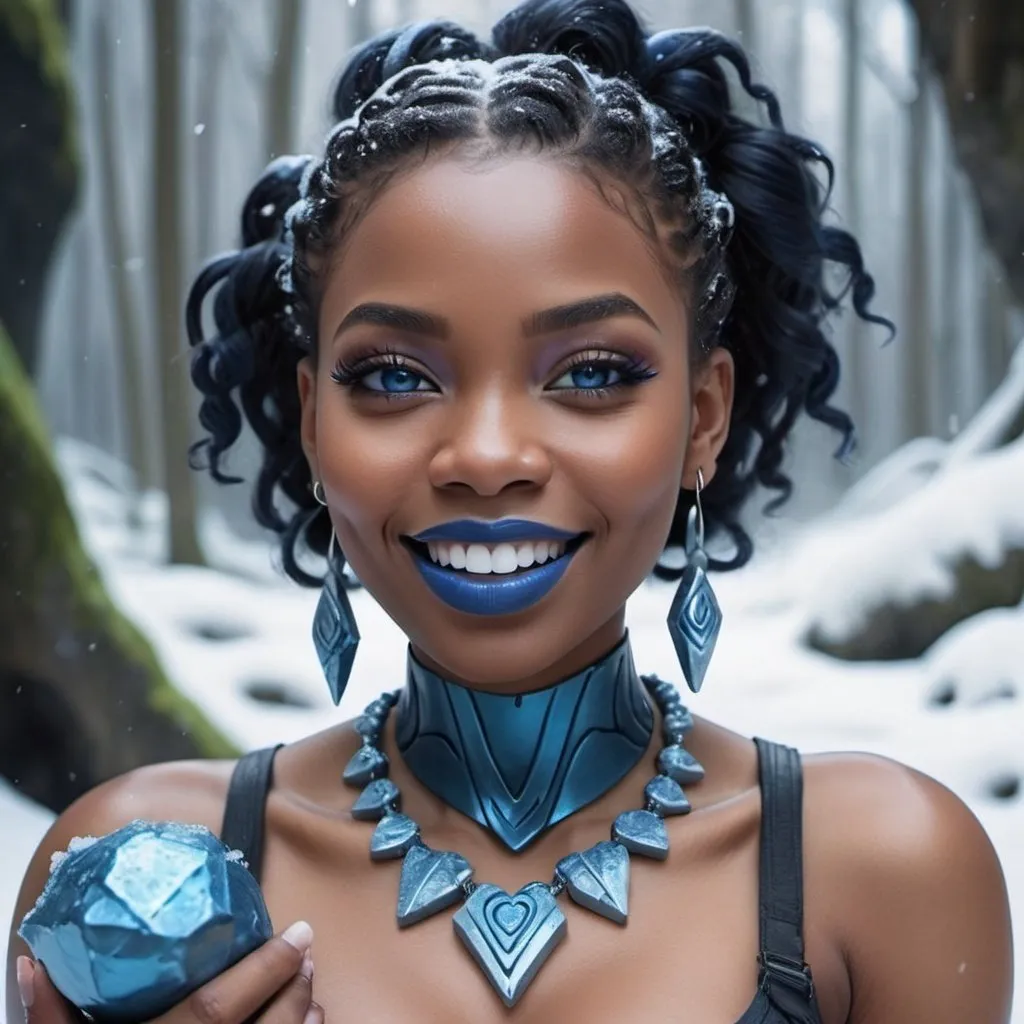 Prompt:  black woman holding a mortar, blue lipstick, flooded snowy jungle, blue heart necklaces, blue kevlar armor, smile face, blue spiral eyes, blue eyeshadow, long ice earrings. Cold color scheme, ultradetailed, 8k resolution, perfect, smooth, high quality, shiny. 