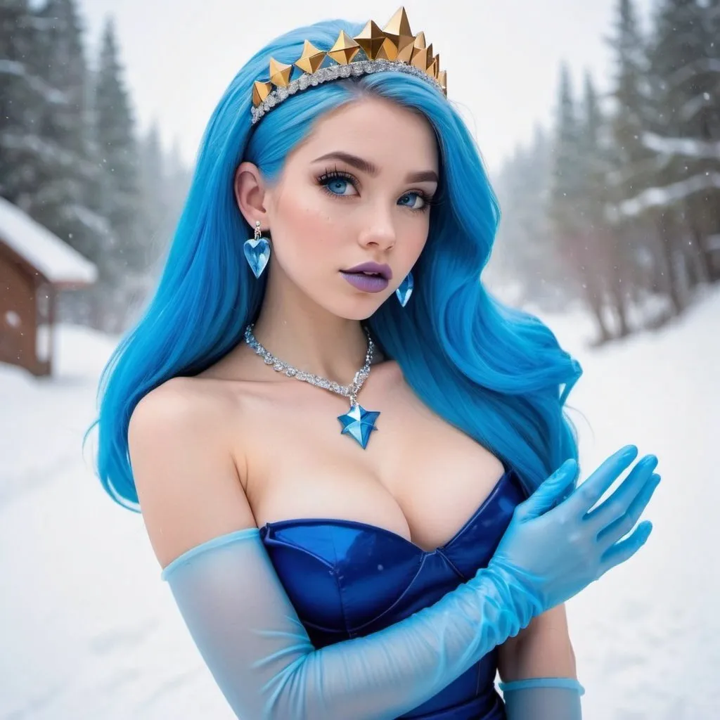 Prompt: kim possible, Heavy snow, Clouds in Sky, Long Straight Blue hair, Ice crystal tiara, Thick bushy blue eyebrows, medium sized nose, plump diamond shape face,  Blue lipstick, ethereal blue eyes, blue makeup, Triangle Star earrings, soft ears, Large blue plastic chain around neck, Blue heart necklaces, blue candy shaped rings, Large blue fur coat with blue plastic gloves. Long Blue Skirt. Plump chest, bigbreast