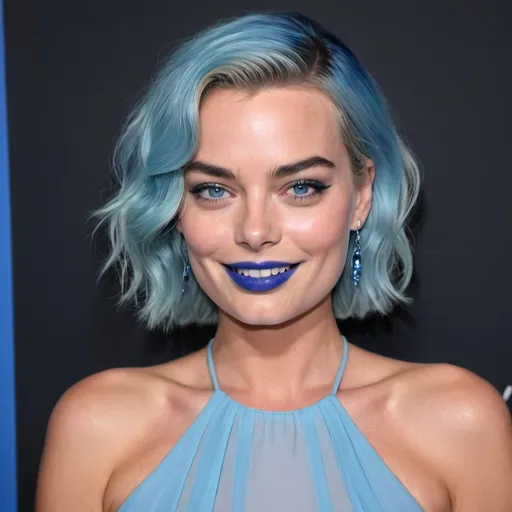 Prompt: Margot Robbie with blue mullet, blue eyes, flowing blue hair, smiling lips with blue lipstick, blue dress, blue makeup, blue eyeshadow.



