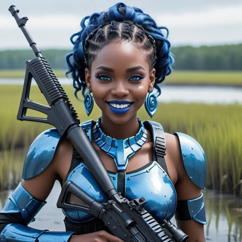 Prompt:  black woman holding a m-4 rifle, blue lipstick, flooded marsh, blue heart necklaces, blue kevlar armor, smile face, blue spiral eyes, blue eyeshadow, long ice earrings. Cold color scheme, ultradetailed, 8k resolution, perfect, smooth, high quality, shiny. 