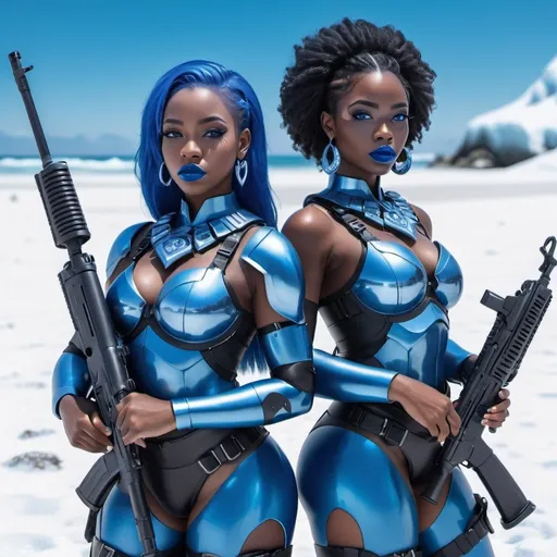 Prompt: Two black women holding a m-4 rifle, blue lipstick, snowy beach, blue heart necklaces, Thick blue soldier armor, pleasant face, blue spiral eyes, blue eyeshadow, long ice earrings. Cold color scheme, ultradetailed, 8k resolution, perfect, smooth, high quality, shiny. 