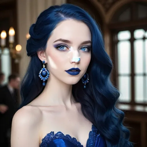 Prompt: Light pale skin, Vibrant dark-blue eyes, very Long blue hair, blue lipstick, blue eyeshadow, blue makeup, blue earrings, dark blue ball gown, Pleased
