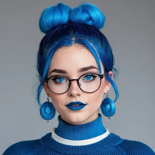 Prompt: a hot blue hair girl, with bun, blue eyes and glasses, blue lipstick, blue sweater, blue eyeshadow, blue makeup, blue halo earrings. 