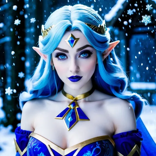 Prompt: Princess Zelda
, blue hair swirling wildly,
, with blue snowy aura around her, blue lipstick,  cold void eyes, casting a blue spell,, massive chest,,