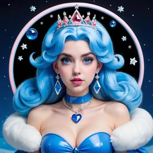 Prompt: Princess peach, Heavy snow, Giant Blue Orb in Sky, Long Straight Blue hair, Ice crystal tiara, Thick bushy blue eyebrows, medium sized nose, plump diamond shape face,  Blue lipstick, ethereal blue eyes, Triangle Star earrings, soft ears, Large blue plastic chain around neck, Blue heart necklaces, blue candy shaped rings, Large blue fur coat with blue plastic gloves. Long Blue Skirt with moons.