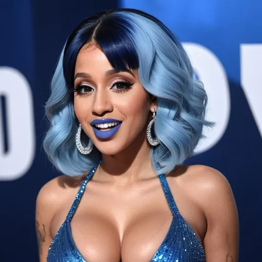 Prompt: Cardi B with blue lips, blue hair straight hair, blue dress, blue snowy aura, expressive eyes, massive chest, animated style, cool color scheme, highres, detailed, atmospheric lighting, lipstick balm in hands, large smile.
