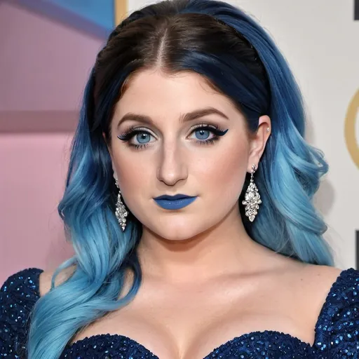 Prompt: Meghan Trainor bimbo hypnotic blue lips , blue hair, blue eyes, blue makeup, blue eyeshadow, blue eyebrows, dark blue wedding dress