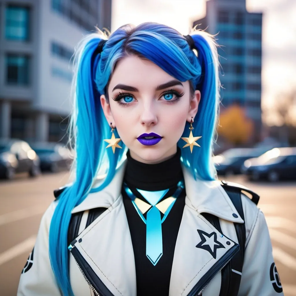 Prompt: Ldshadowlady, black choker, blue eyes, blue hair, blurry, blurry background, building, car, choker, cross, cross earrings, depth of field, earrings, eyeshadow, ground vehicle, jacket, jewelry, k/da \(league of legends\), lips, blue lipstick, long hair, looking at viewer, makeup, motor vehicle, photo \(medium\), piercing, solo, star \(symbol\), star earrings, star print