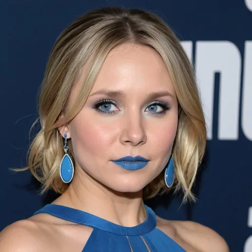 Prompt: Kristen Bell bimbo hypnotic  blue lips, blue hair, blue makeip, blue eyes, blue eyeshadow, blue earrings, blue top dress.