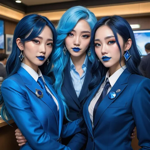 Prompt: a picture of 2 korean women with long blue hair, posing together large blue eyes wearing blue suits, blue eyeshadow, and blue lipstick, smirks, blue makeup, blue jewelry on hands, Artgerm, fantasy art, realistic shaded perfect blue face, a detailed painting, modern newsroom background, 30 years old, blue star badge on their suits, blue diamond earrings.