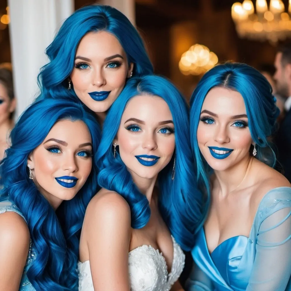 Prompt:  3 ladies with blue  eyes, flowing blue hair, smiling lips with blue lipstick, blue jacket, blue makeup, blue eyeshadow. At wedding