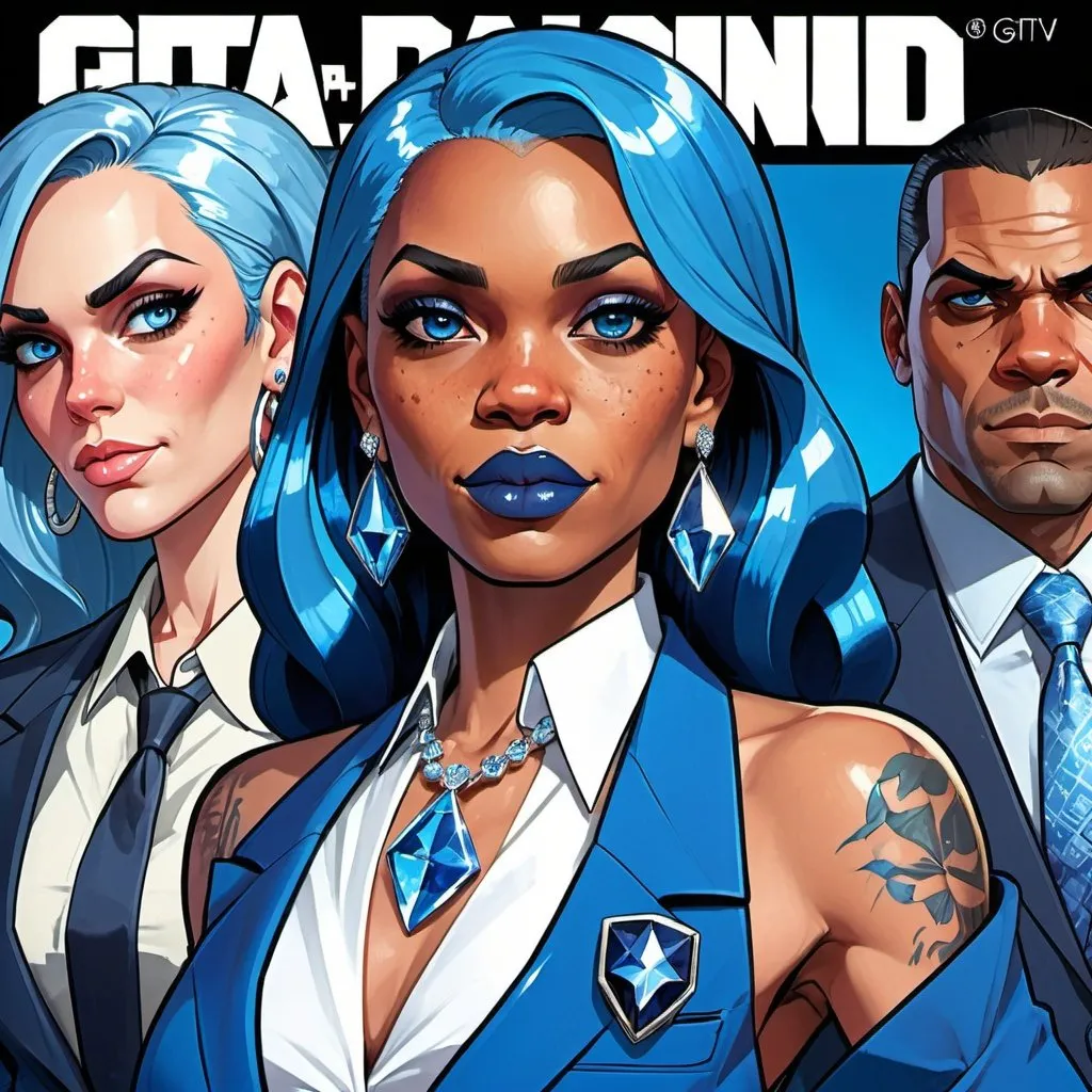 Prompt: GTA V cover art, 2 black women with long blue hair, posing together large blue eyes wearing blue suits, blue eyeshadow, and blue lipstick, smirks, blue makeup, blue jewelry on hands, Artgerm, fantasy art,  shaded perfect blue face, a detailed painting, modern newsroom background, 30 years old, blue star badge on their suits, blue diamond earrings.