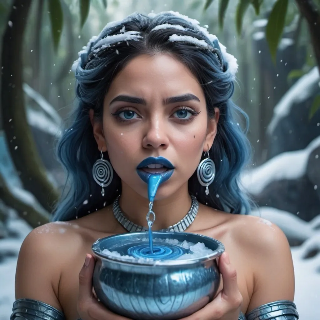 Prompt:  Hispanic woman holding a pot, blue lipstick, flooded snowy jungle, blue heart necklaces, blue kevlar armor, coughing, blue spiral eyes, blue eyeshadow, long ice earrings. Cold color scheme, ultradetailed, 8k resolution, perfect, smooth, high quality, shiny. 