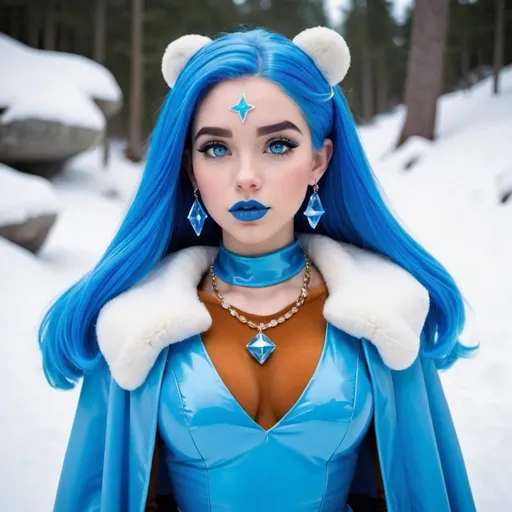 Prompt: kim possible, Heavy snow, Clouds in Sky, Long Straight Blue hair, Ice crystal tiara, Thick bushy blue eyebrows, medium sized nose, plump diamond shape face,  Blue lipstick, ethereal blue eyes, blue makeup, Triangle Star earrings, soft ears, Large blue plastic chain around neck, Blue heart necklaces, blue candy shaped rings, Large blue fur coat with blue plastic gloves. Long Blue Skirt. Plump chest