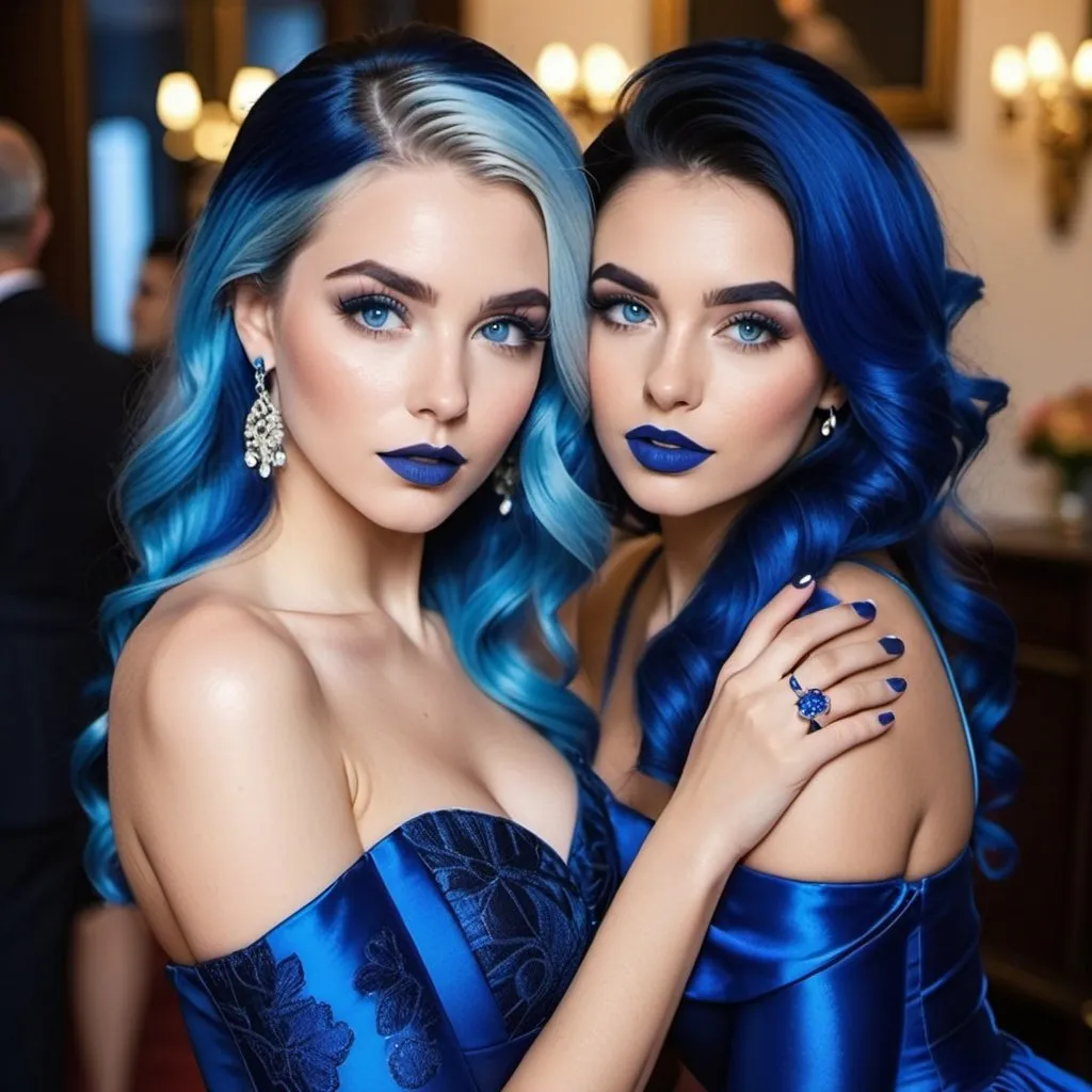 Prompt:  2 British women, blue makeup, blue lipstick, blue eyes, blue hair, blue eyebrows, blue blush, blue silk pattern dress, long dark blue skirt, blue finger nails. Photograph, realistic, any facial expression.