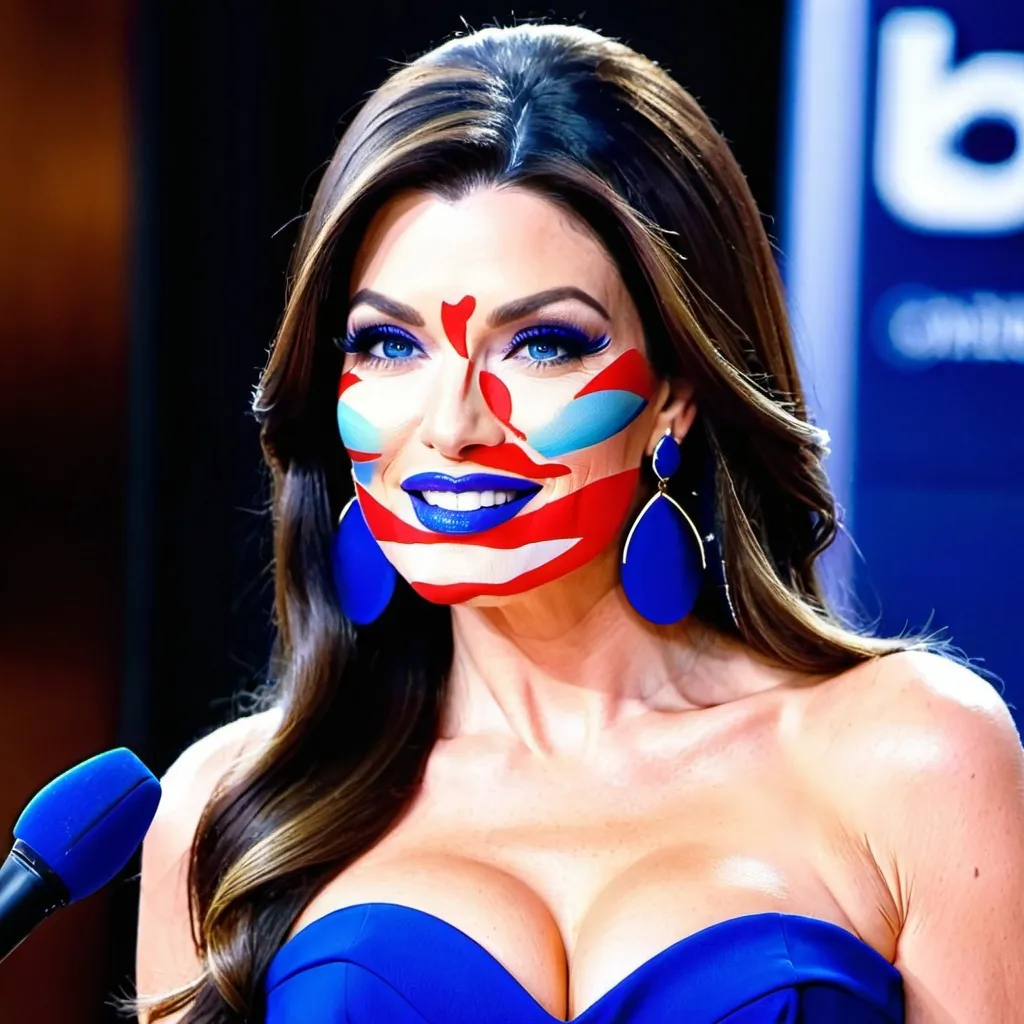 Prompt: Kimberly Guilfoyle with blue earrings, blue eyes, flowing blue hair, smiling lips with blue lipstick, blue dress, blue makeup, blue eyeshadow. Making a speech



