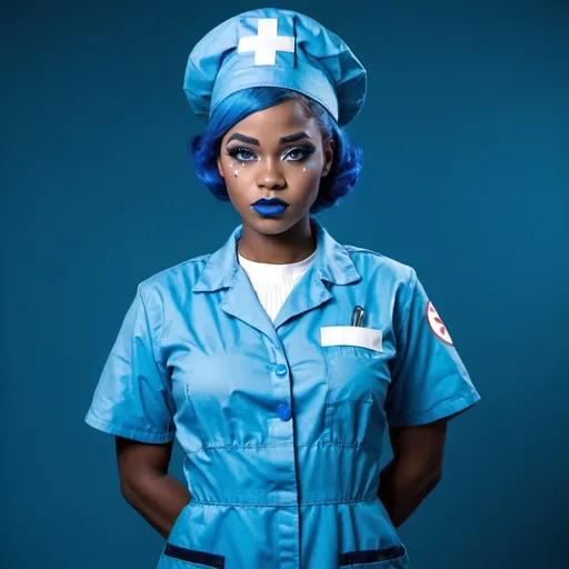 Prompt: 2010s, Angolan female medic wearing a blue nurse hat, blue lipstick, blue makeup including blue eyeshadow and blue blush, blue hair, blue eyebrows, blue eyes, colourised, blue quarantine suit, full body shot, photography, blue hearts and stars, serious face.
