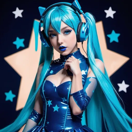 Prompt: 2020s, hatsune miku as a female popstar wearing a blue headphones, aqua blue lipstick, glossy and sparkling lips, blue makeup including blue eyeshadow and blue blush, dark blue hair, blue eyebrows, blue eyes, colourised, blue plastic gown, full body shot, photography, blue hearts and stars, euphoric.