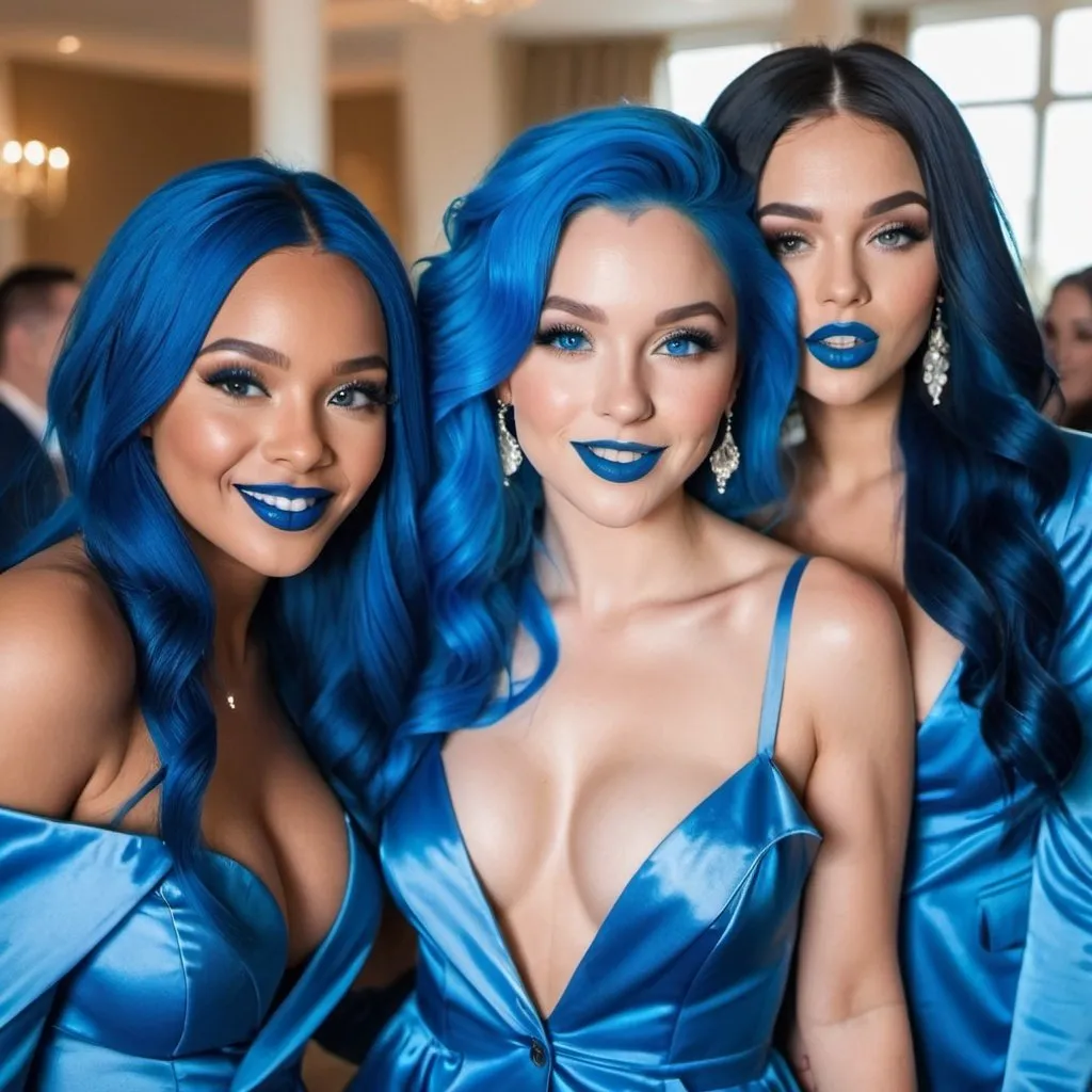 Prompt:  3 ladies with blue  eyes, flowing blue hair, smiling lips with blue lipstick, blue jacket, blue makeup, blue eyeshadow. At wedding, big chest, bare chest