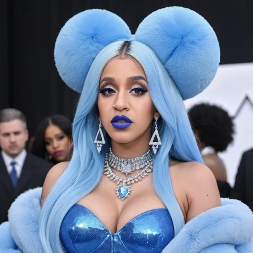 Prompt: Cardi B, Heavy snow, Giant Blue Orb in Sky, Long Straight Blue hair, Ice crystal tiara, Thick bushy blue eyebrows, medium sized nose, plump diamond shape face,  Blue lipstick, ethereal blue eyes, Triangle Star earrings, soft ears, Large blue plastic chain around neck, Blue heart necklaces, blue candy shaped rings, Large blue fur coat with blue plastic gloves. Long Blue Skirt with moons.