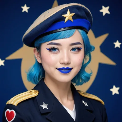 Prompt: 2010s, Japanese female officer wearing a blue beret, blue lipstick, blue makeup including blue eyeshadow and blue blush, blue hair, blue eyebrows, blue eyes, colourised, blue uniform beret, full body shot, photography, blue hearts and stars soft smile.